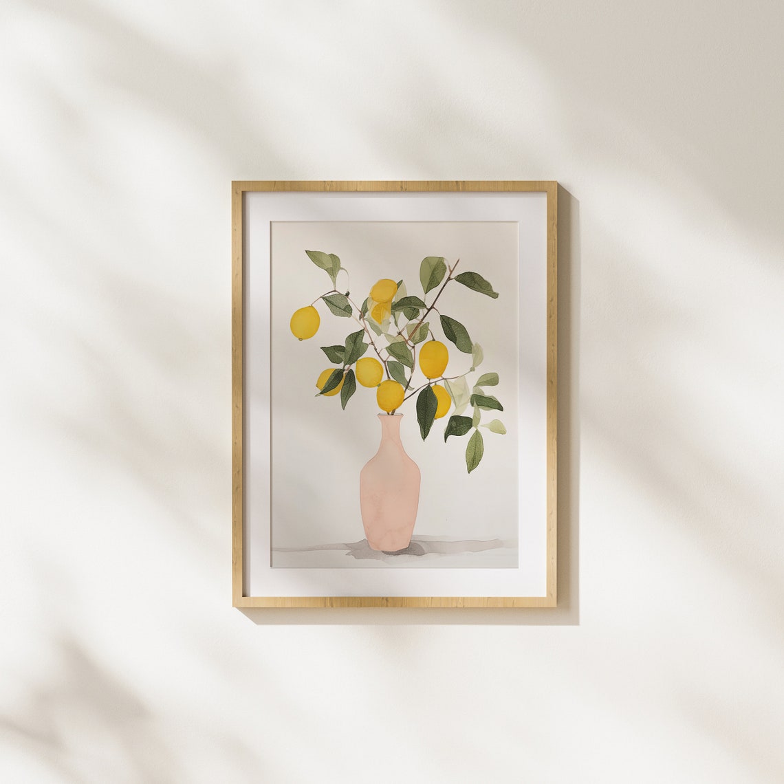 Lemon Branch with Green Leaves in Blush Vase Minimal Art Poster