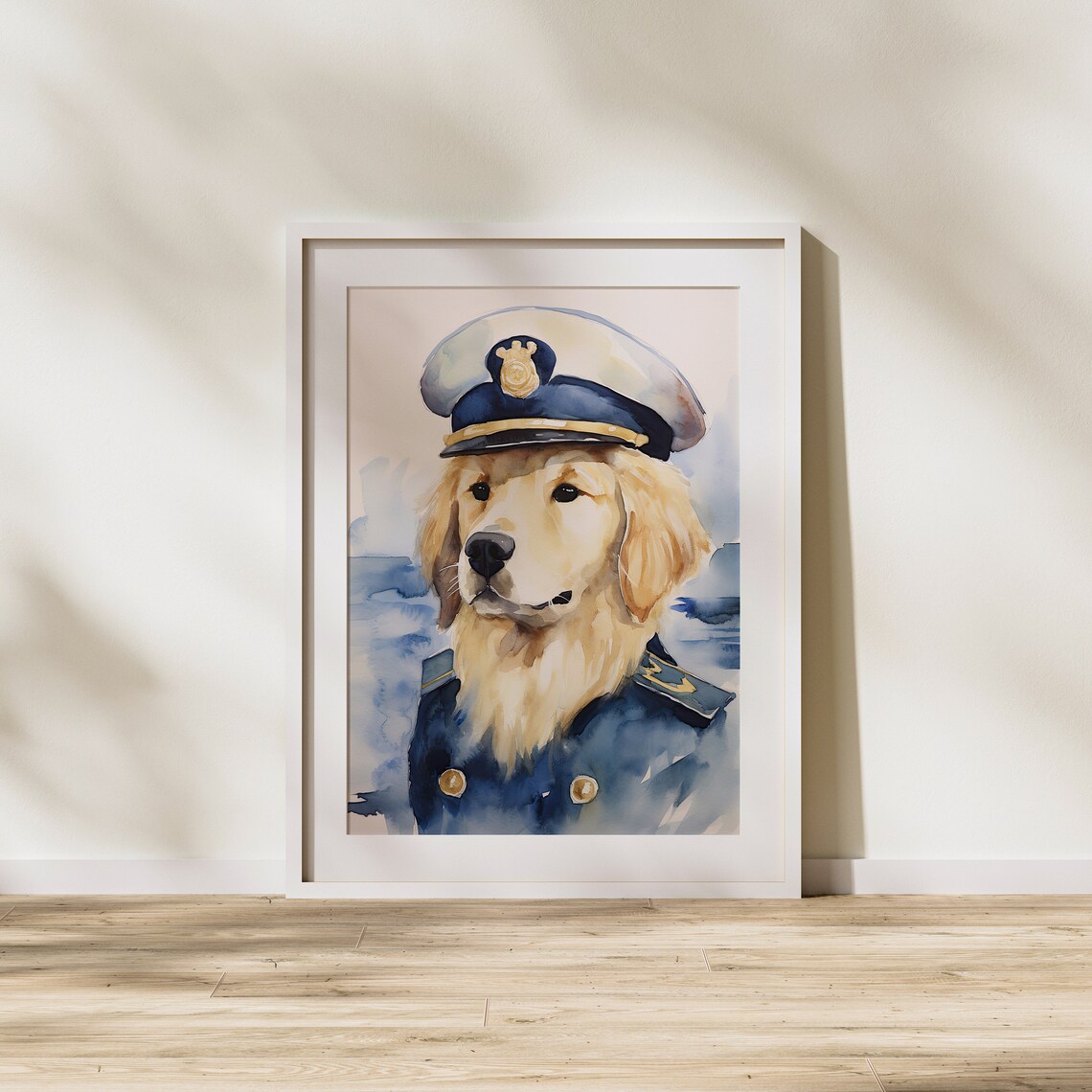 Golden Retriever Captain in Uniform Whimsical Sailor Dog Art Poster - Image 2