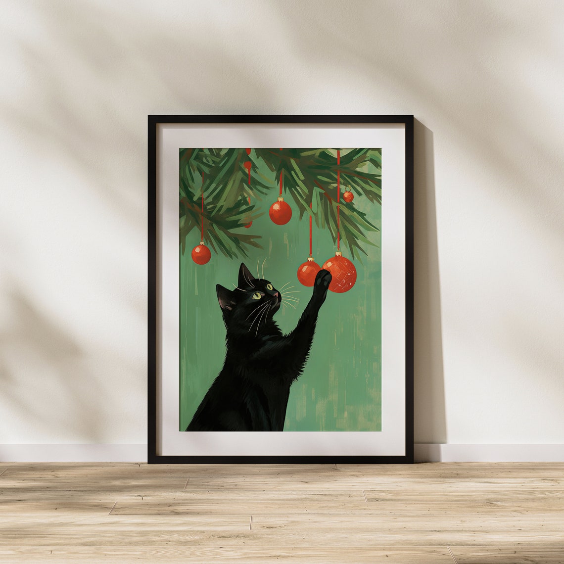 Playful Black Cat Reaching Red Baubles Green Christmas Tree Art Poster - Image 2