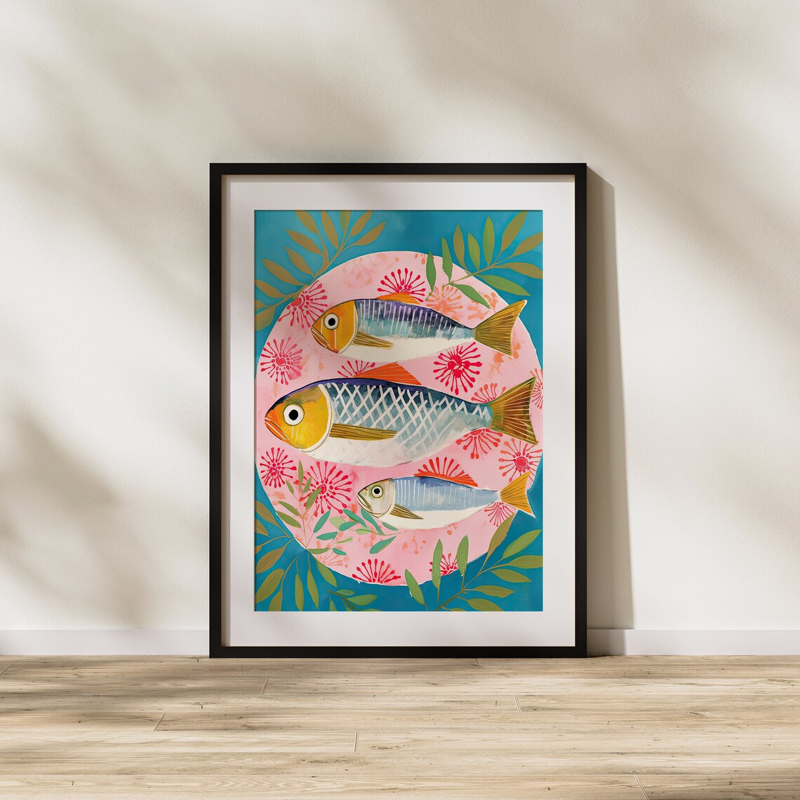 Fish Sardines Dinner Animals Pink Modern Art Plant Illustration Realistic Painting Wall Fun - Image 3