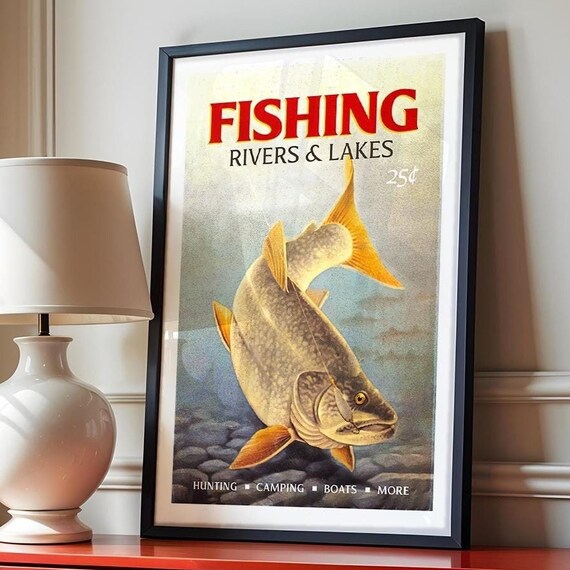 Retro Fishing Art Print Gift For Fisherman River Lake Fishing Poster Fish Wall Decor Angler Artwork Outdoorsy Wall Art Fishing Dad Gift