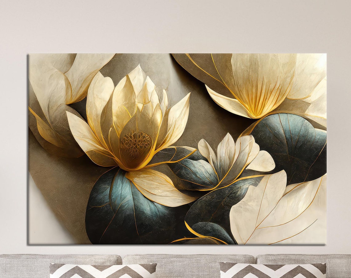Golden Lotus Flowers Abstract Black Gold Modern Floral Art Poster
