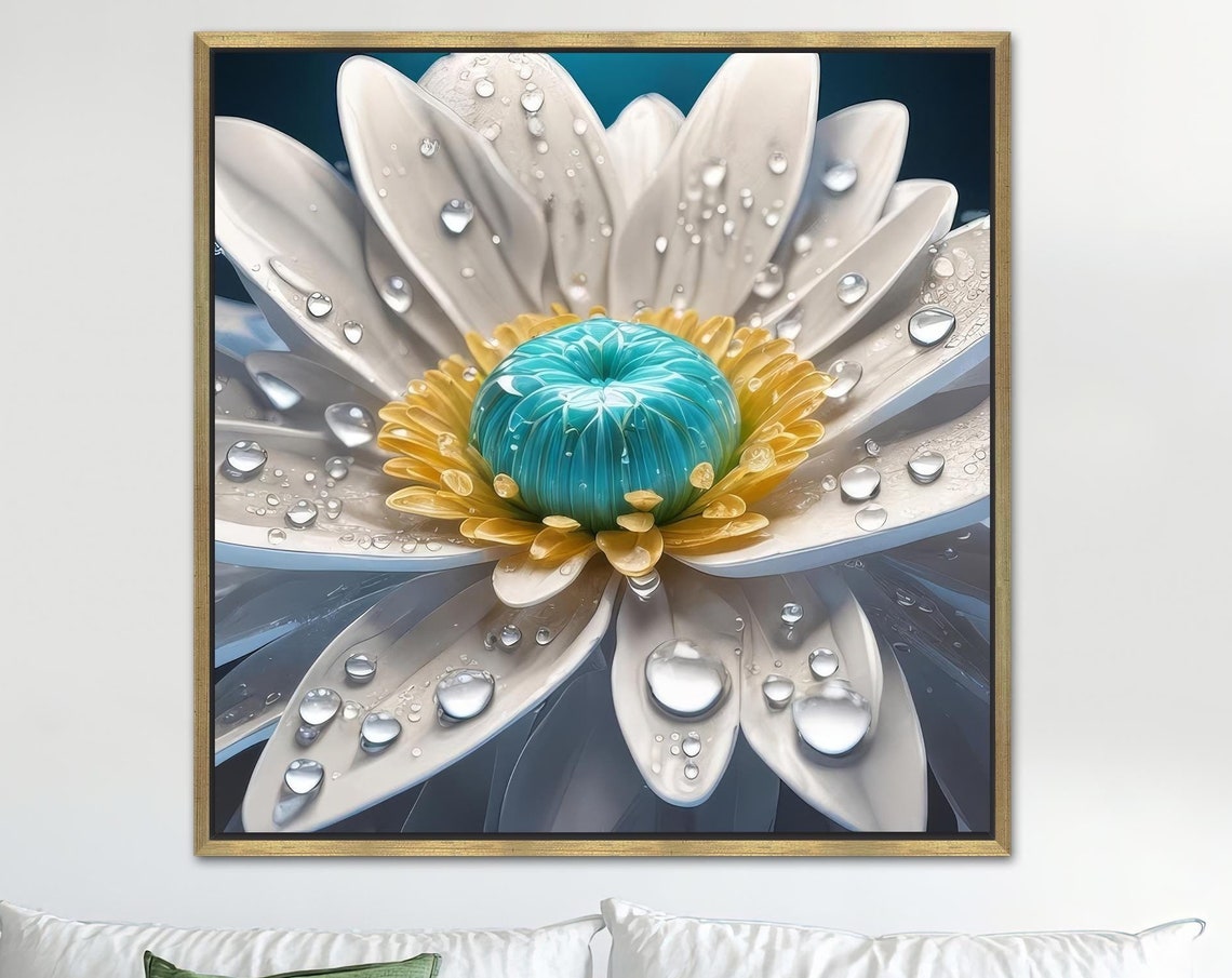 White Daisy With Dew Drops Macro Turquoise Center Flower Poster