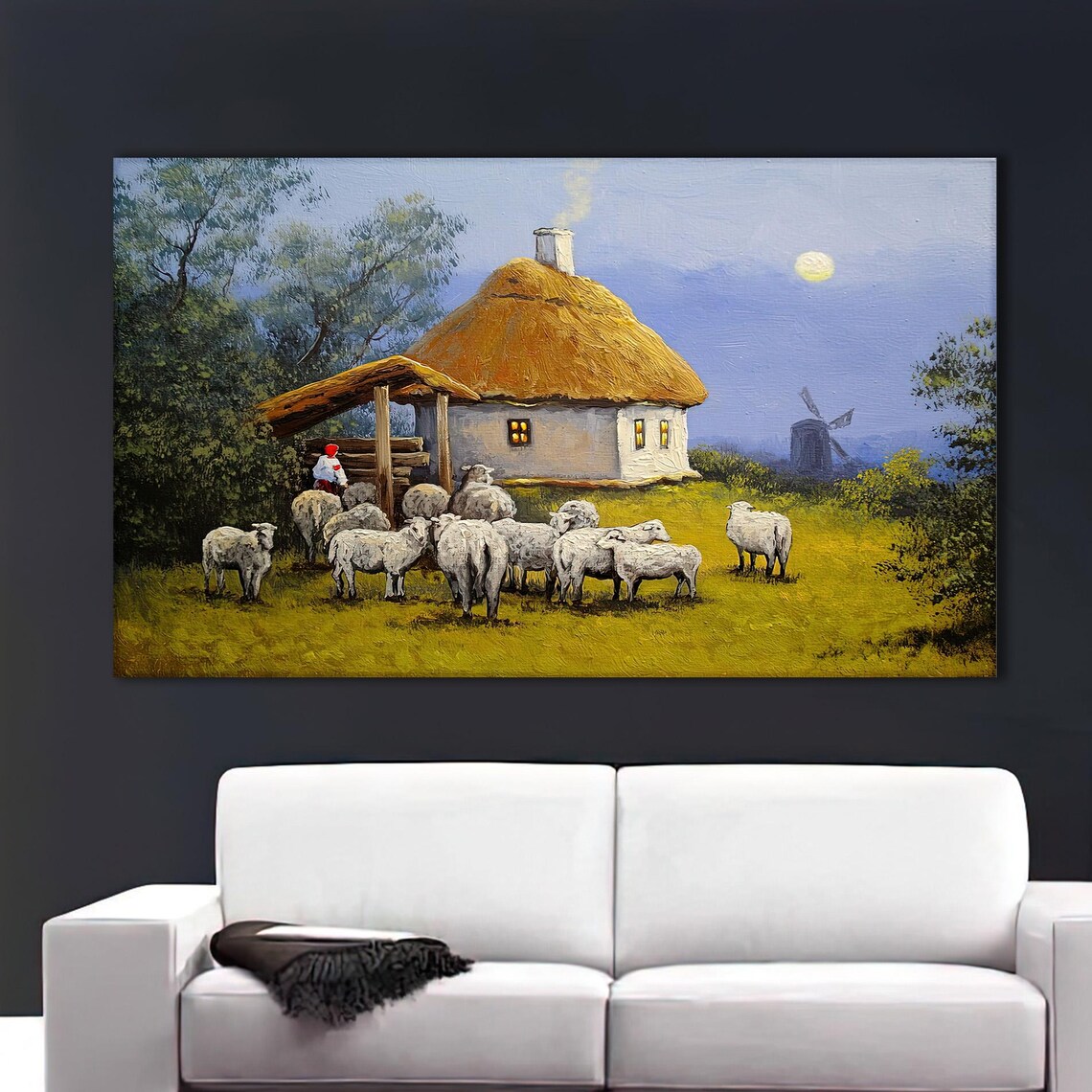 Thatched Cottage Sheep Flock Moonlit Evening Countryside Poster