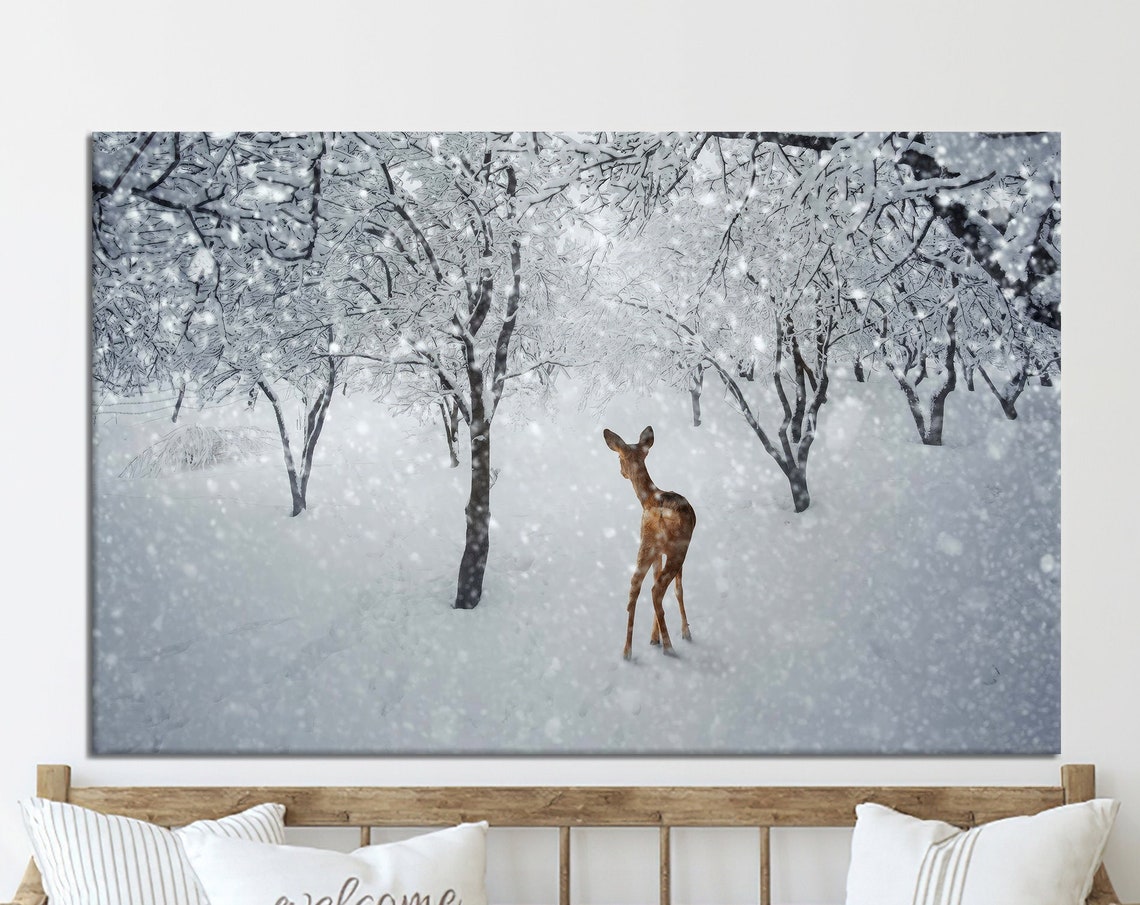 Winter Deer Canvas Art Farmhouse Snow Scene Wall Decor