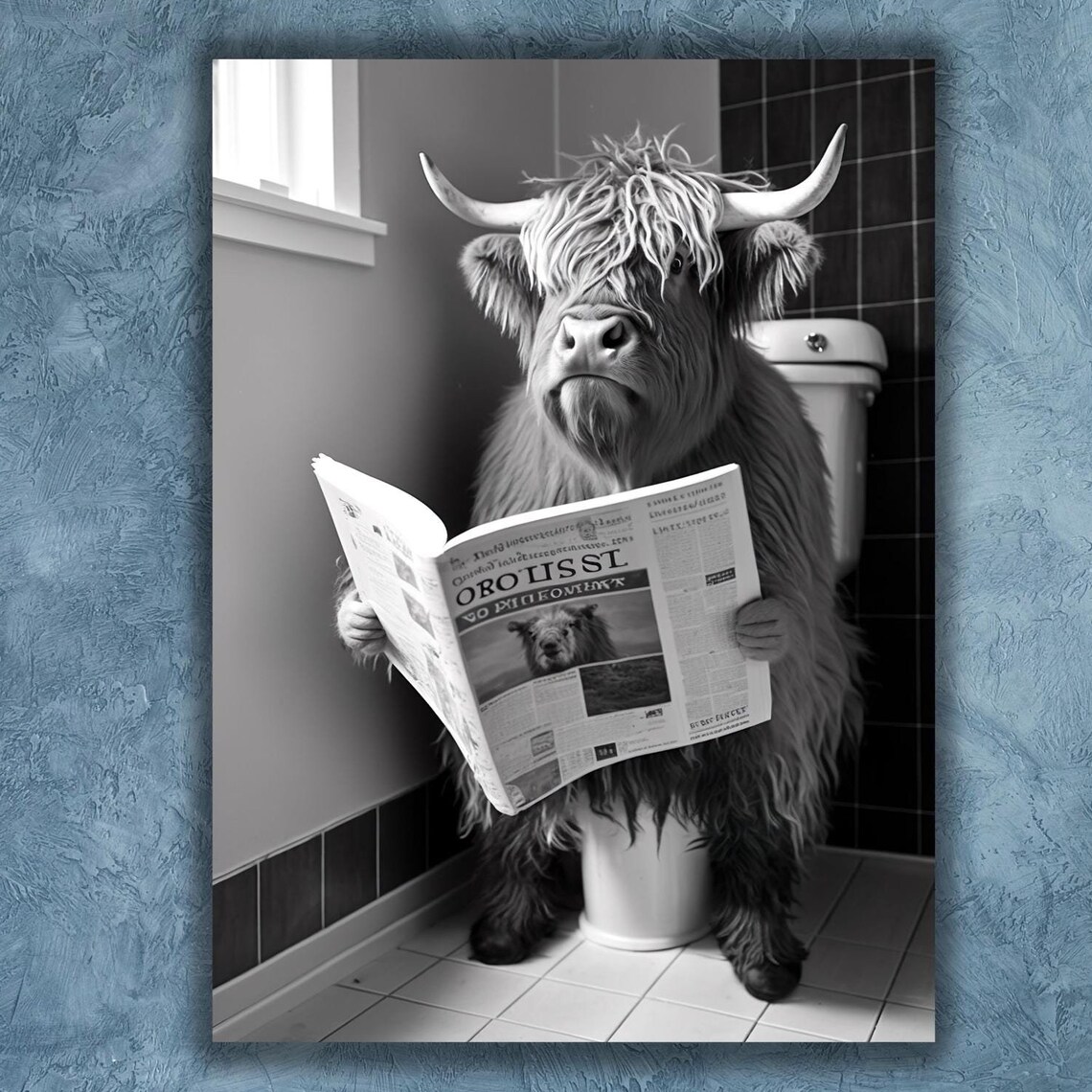 Funny Highland Cow Reading Newspaper on Toilet Black White Poster - Image 3