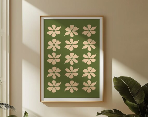 Green Retro Flower Grid Cream Blossoms Hippie Pop Art Poster