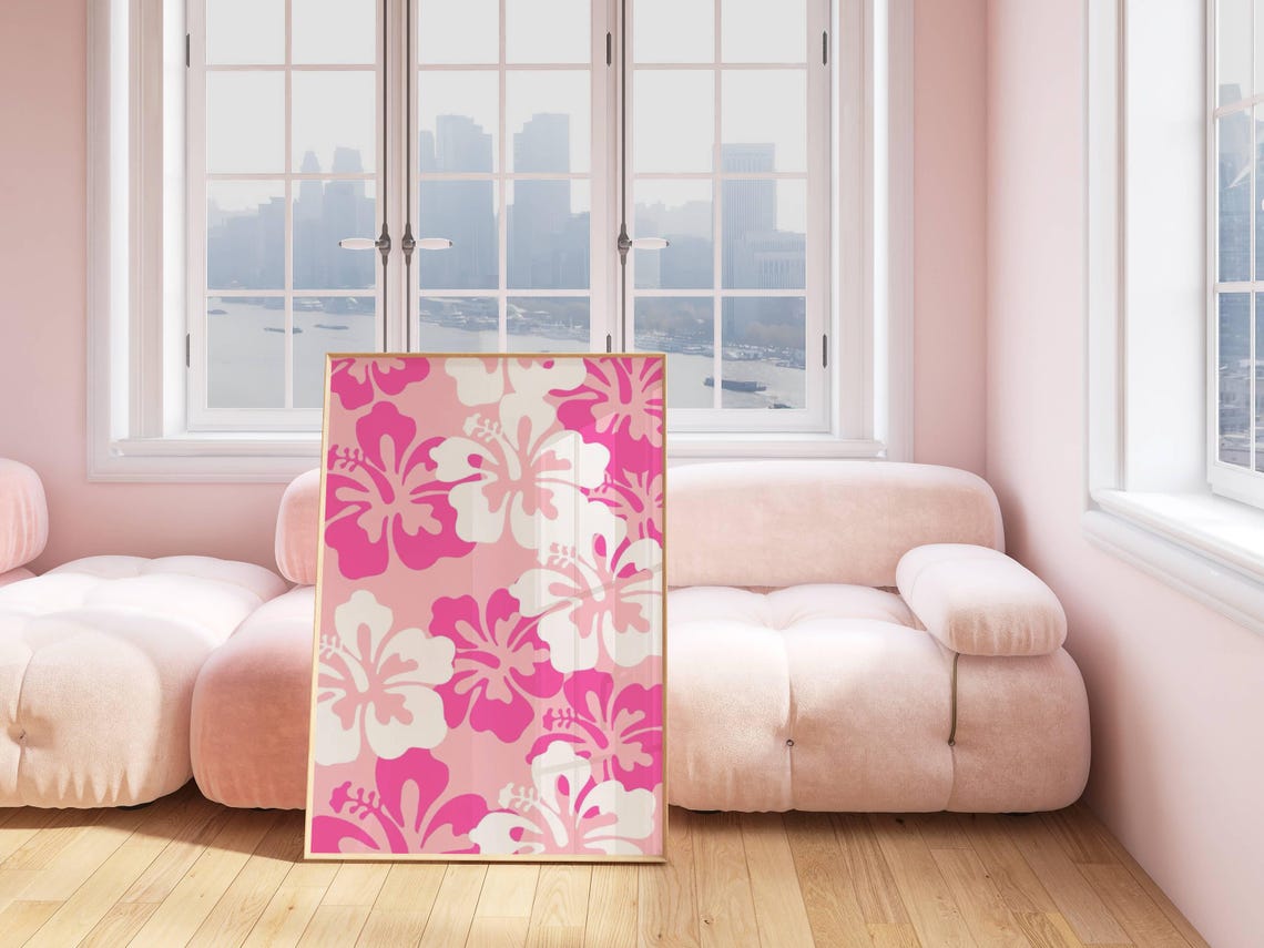 Pink White Hibiscus Pattern Bold Retro Tropical Flower Wall Art - Image 3