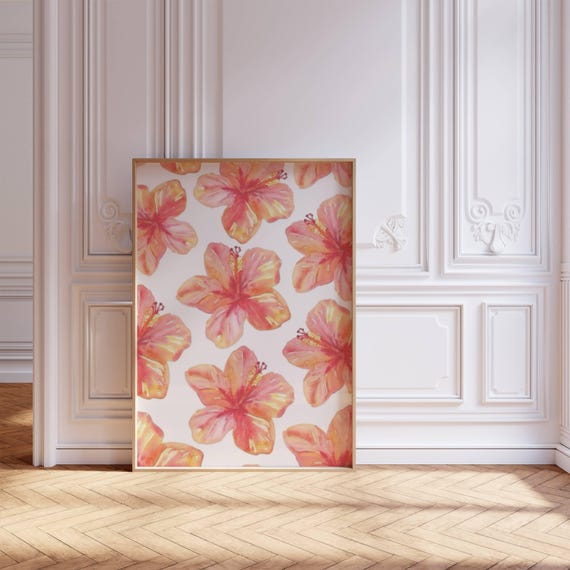 Hibiscus Flower Hawaiian Art Print Decor Wall Art Retro Art Print Preppy Room Decor Pink Hibiscus Flower Hawaiian Poster