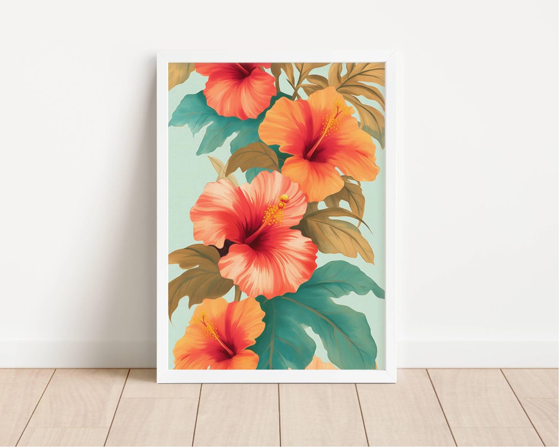 Orange Hibiscus Vintage Botanical Teal Background Tropical Poster - Image 2