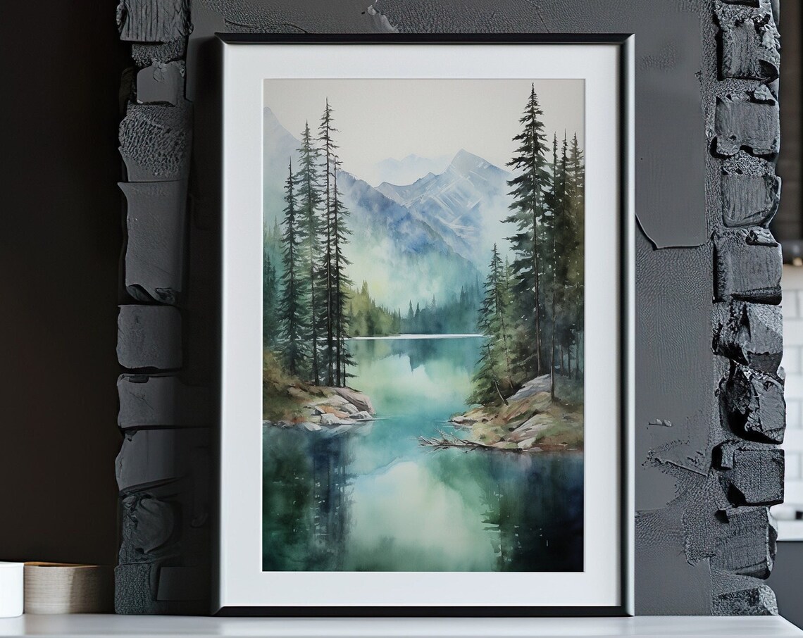 Misty Green Mountain Lake Pine Forest Reflections Watercolor Poster - Image 5
