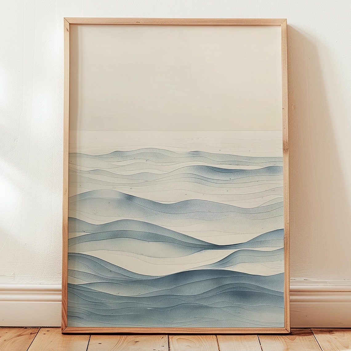 Japandi Minimalist Ocean Waves Line Art in Soft Blue Tones Poster