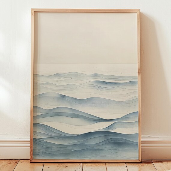 Japandi Minimalist Ocean Waves Line Art in Soft Blue Tones Poster