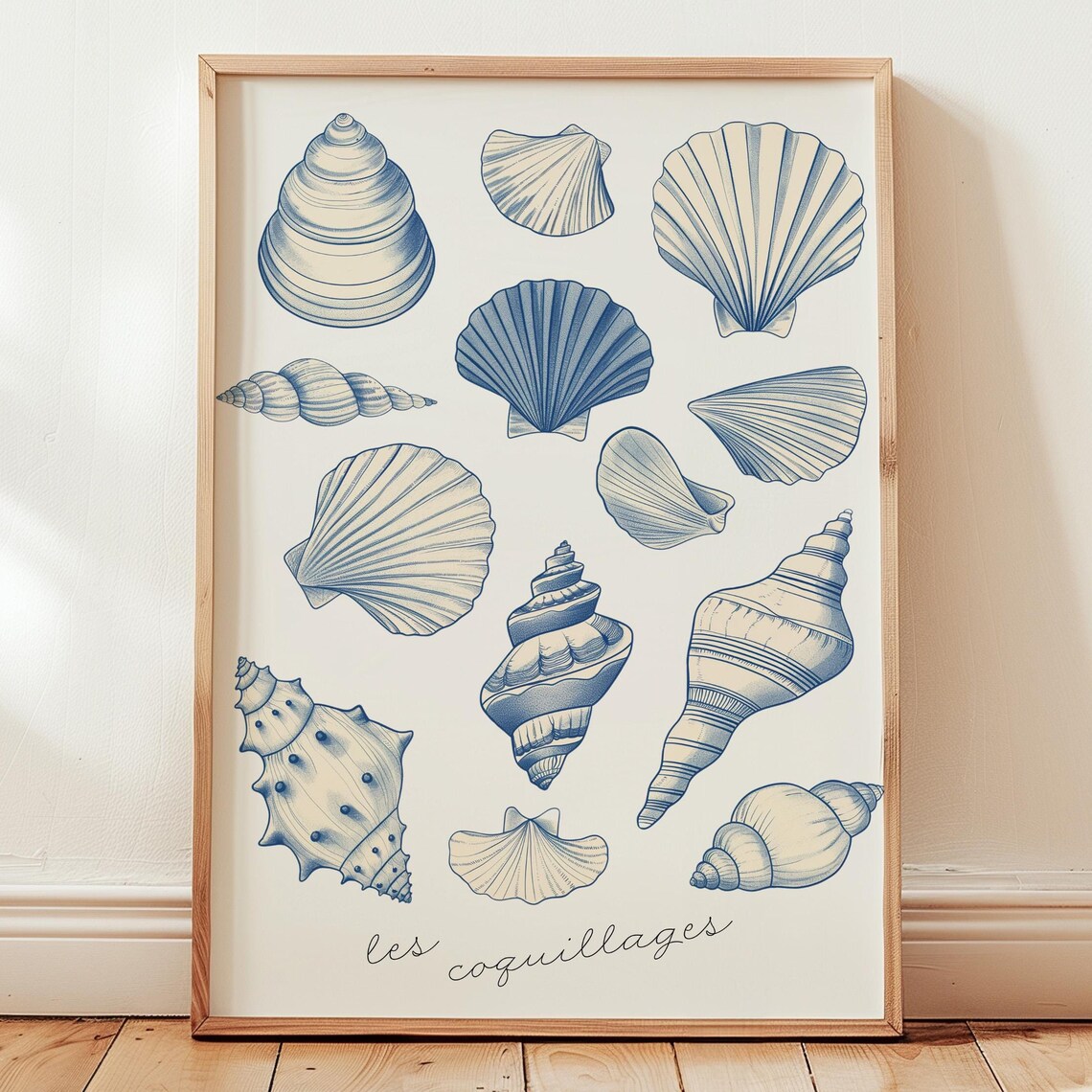 Blue Seashell Illustrations Vintage French Coastal Chart Art Poster