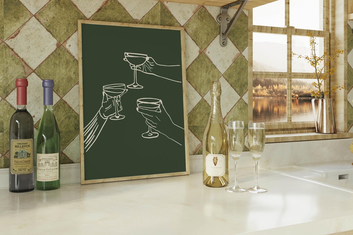 Cheers Toast Champagne Coupes Line Art On Dark Green Bar Cart Wall Art Print - Image 4