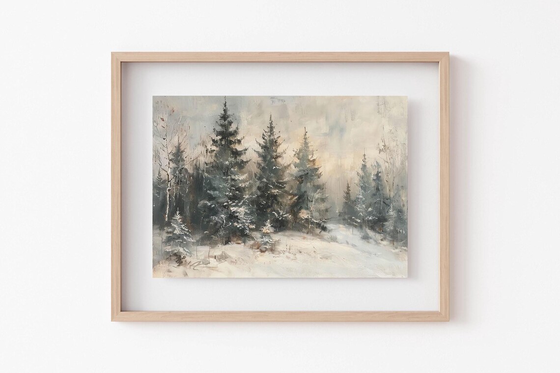 Vintage Winter Pine Forest Snow Landscape Painting Moody Poster - Image 2