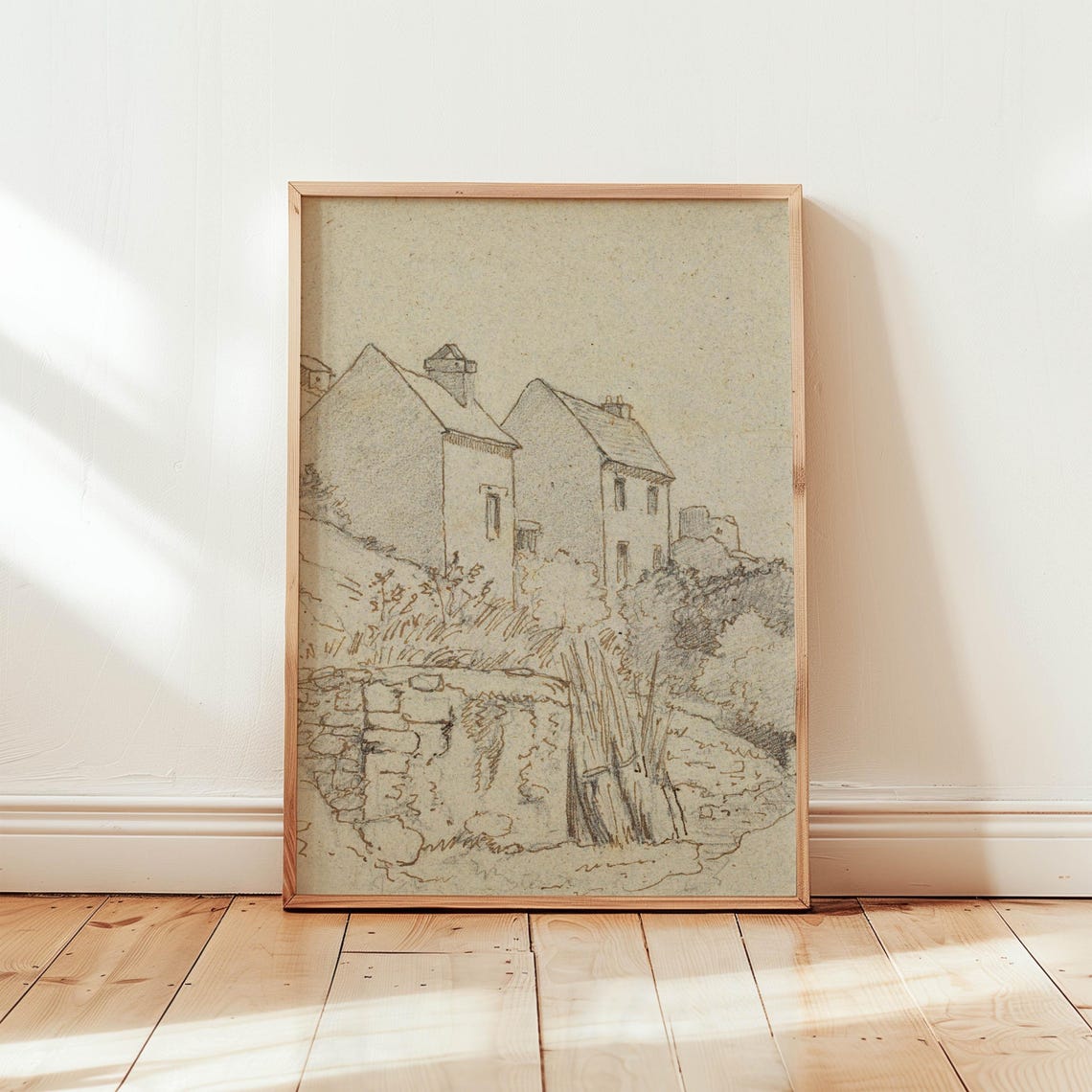 Vintage Pencil Sketch Rustic Cottages Landscape Drawing Poster - Image 4