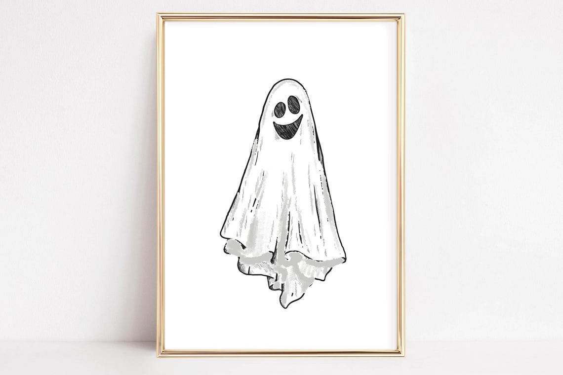 Cute Happy Smiling Ghost Sketch Minimalist Halloween Wall Poster