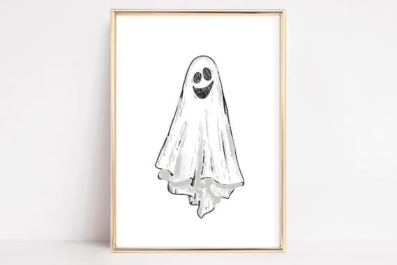 Cute Happy Smiling Ghost Sketch Minimalist Halloween Wall Poster