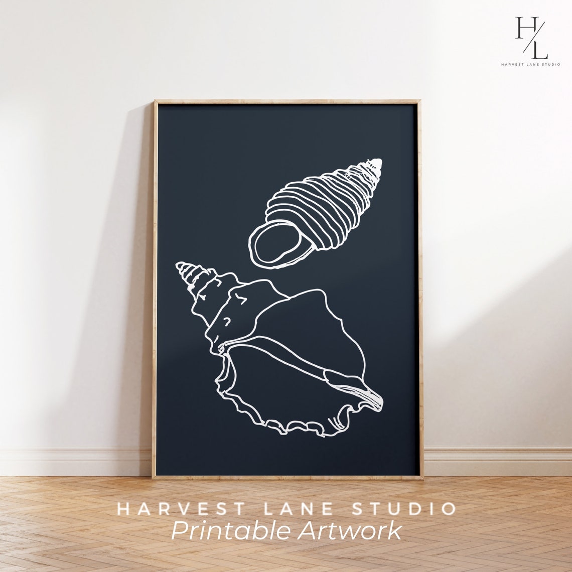Minimalist White Line Art Seashells Navy Coastal Beach House Poster - Image 5