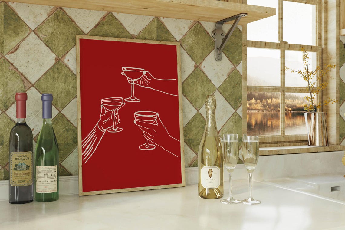 Elegant Cheers Coupe Glasses Toast Minimalist Red Bar Cart Poster - Image 5