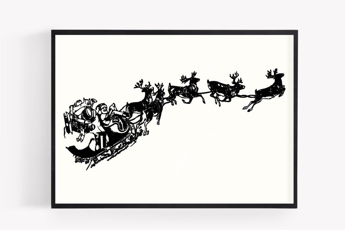 Santa Sleigh Reindeer Silhouette Vintage Engraving Art Poster - Image 4