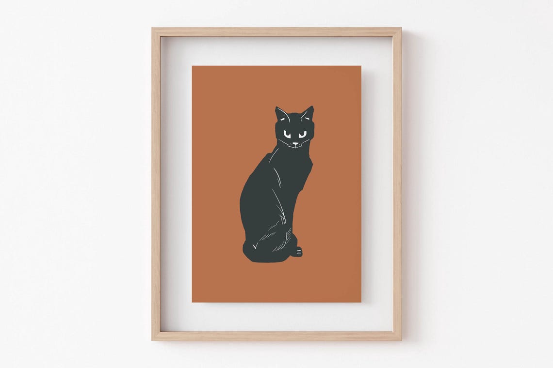 Black Cat Burnt Orange Vintage Illustration Retro Halloween Poster - Image 6