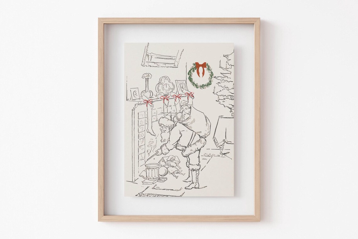 Vintage Santa Claus Sketch Filling Stockings Christmas Poster - Image 2