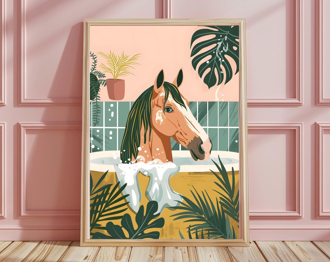 Horse Relaxing in Bubble Bath Funny Tropical Bathroom Wall Poster