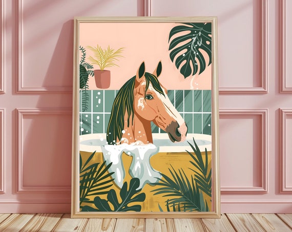 Animal Bathtub Bathroom Print Horse Wall Art Large Pink Green Print Funny Bathroom Wall Art Home Decor Funny Gifts