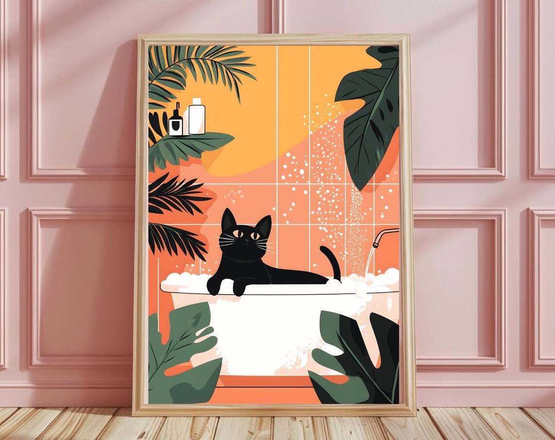 Black Cat Lounging in Bubble Bath Funny Tropical Bathroom Poster