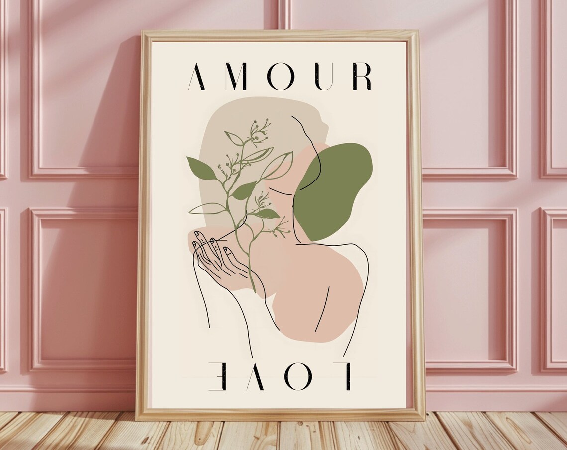 Amour Love French Line Art Woman with Botanical Branch Poster