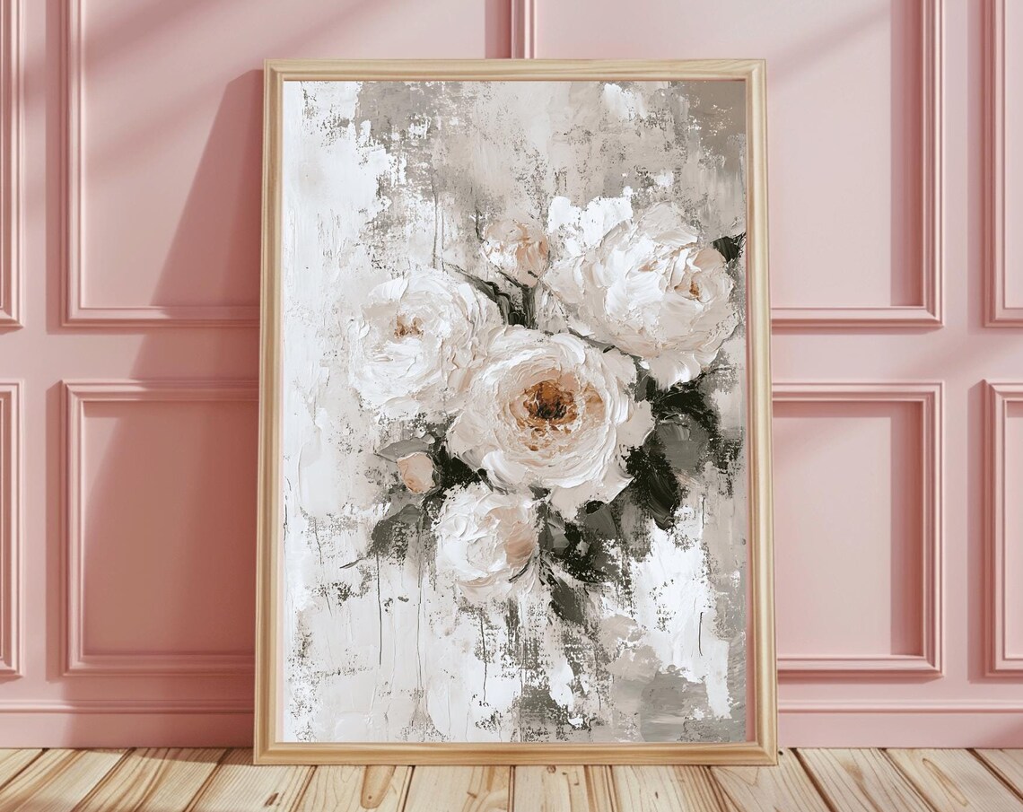 Abstract White Roses Impasto Painting Gray Floral Art Poster