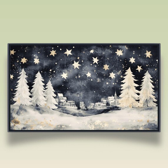 Starry Night Snowy Village White Pine Trees Watercolor Poster
