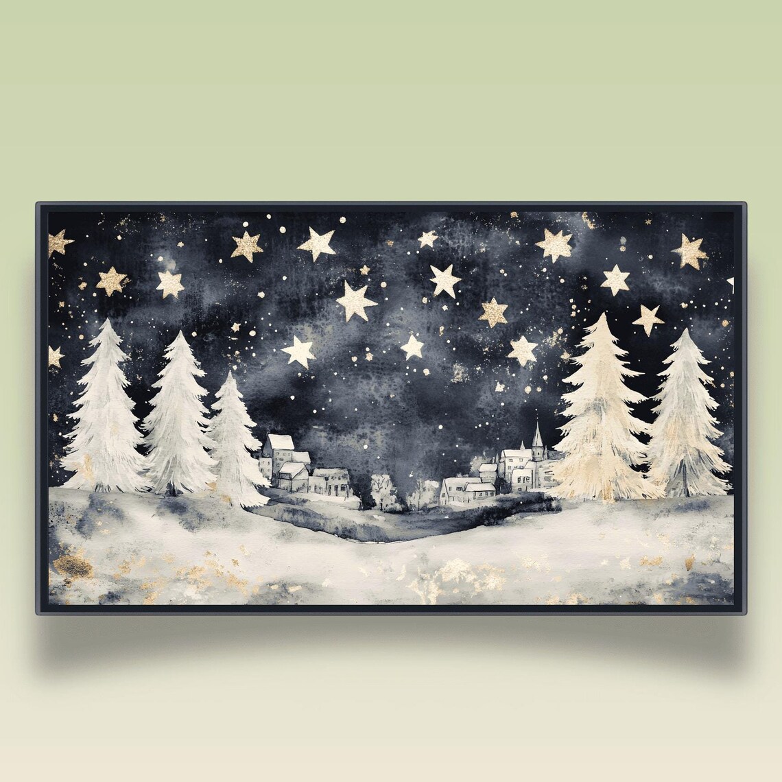 Starry Night Snowy Village White Pine Trees Watercolor Poster