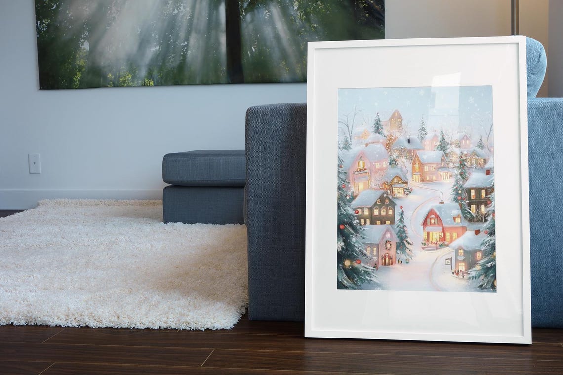 Holiday Pink Christmas Wall Art Pastel Watercolor Print Snowy Pink Car Christmas Village Painting Girly Holiday - Image 2