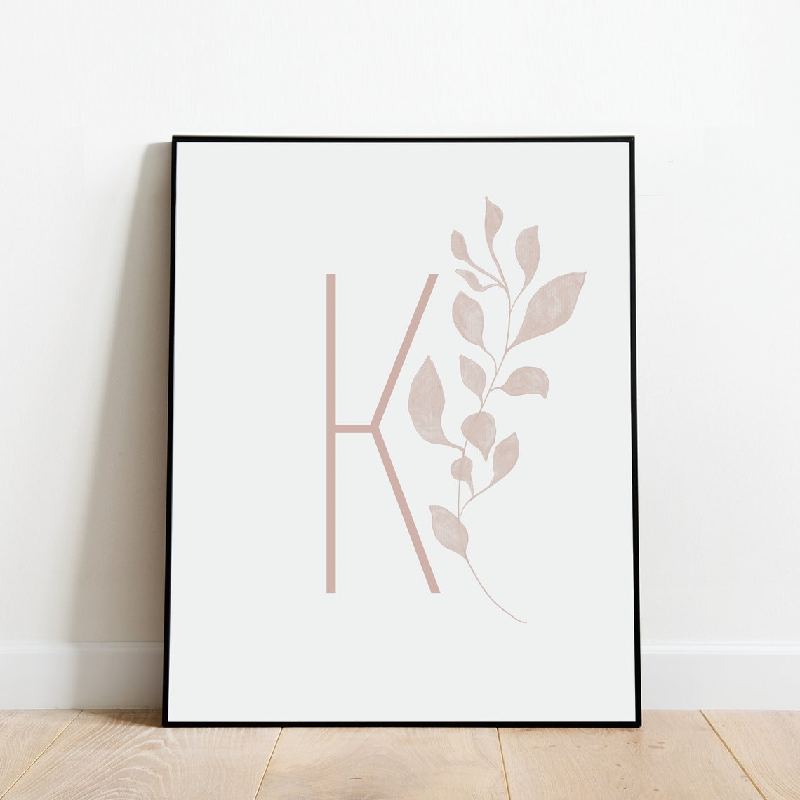 Letter K Monogram With Soft Gray Watercolor Leaves Botanical Poster - Image 3