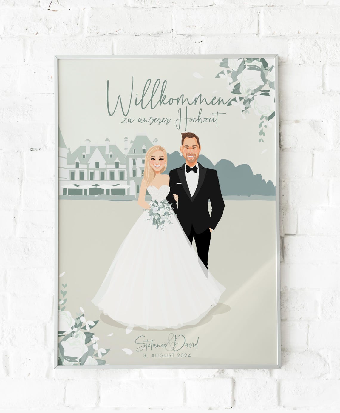 Custom German Wedding Welcome Sign Couple Portrait With Chateau Poster