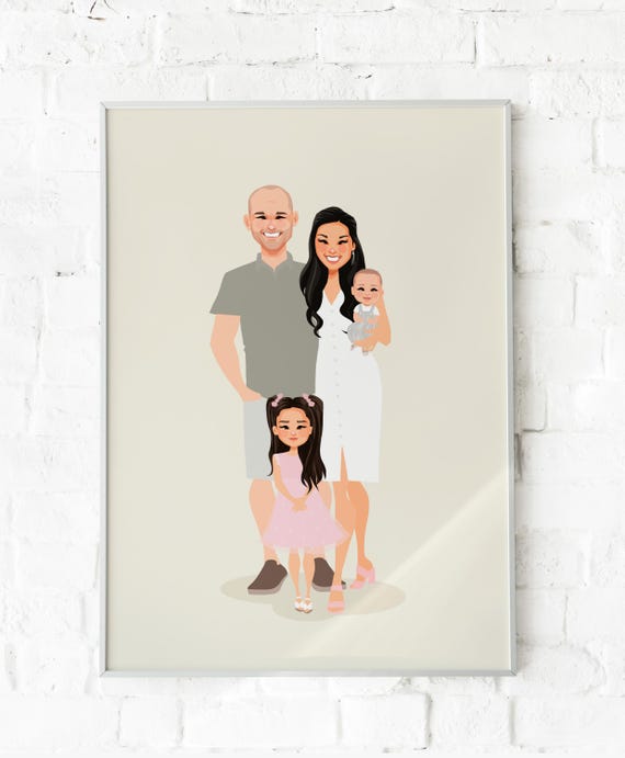 Custom Illustrated Family of Four Portrait With Baby and Daughter Poster