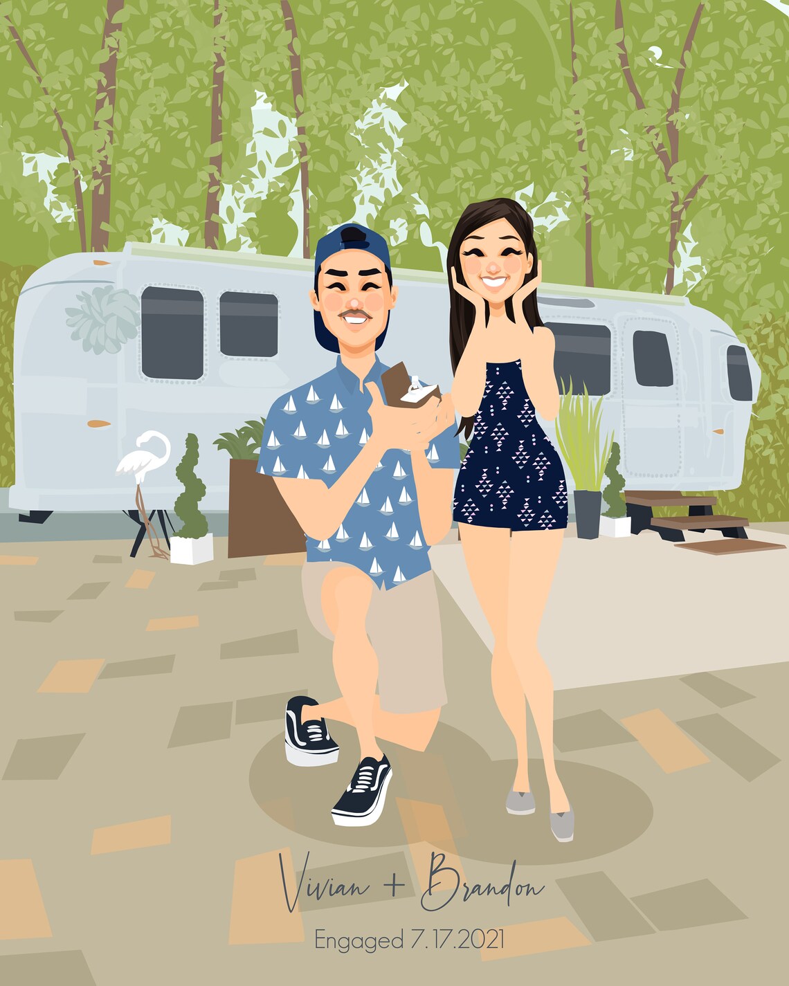 Custom Illustrated Couple and Dog Portrait in Front of House Poster - Image 5