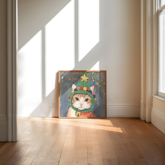 Cozy Christmas Cat Cat Cottagecore Cat Farmhouse Print Winter Cat Cozy Cat Wall Art Cat Lovers Art Cute Cat Painting Cat Art