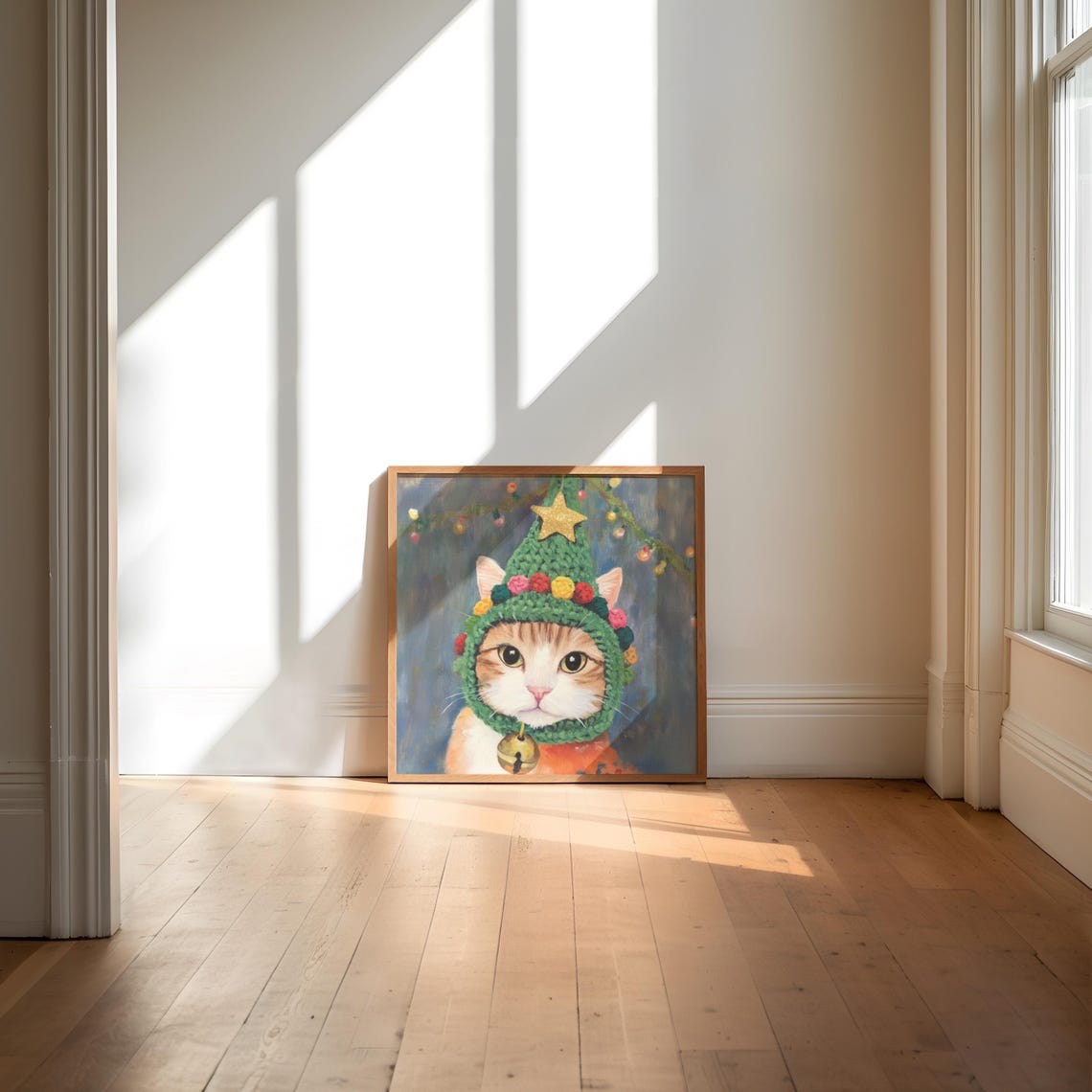 Kitten Wearing Crocheted Christmas Tree Hat with Jingle Bell Poster