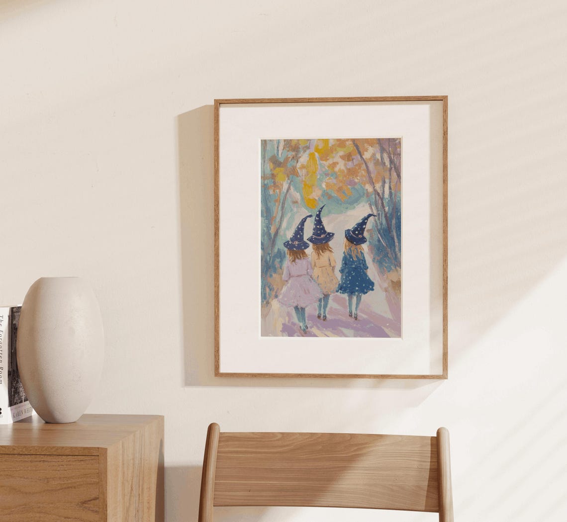 Three Witch Girls Autumn Forest Trick Or Treat Halloween Poster - Image 3