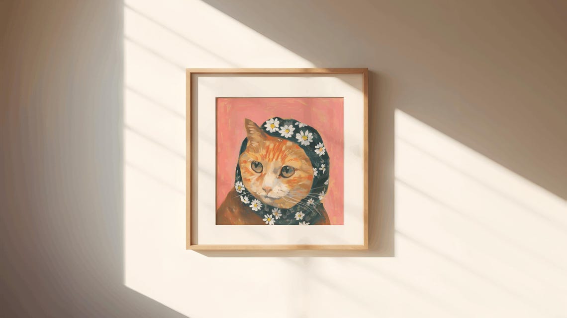 Adorable Orange Tabby Cat Daisy Babushka Pink Portrait Poster - Image 3