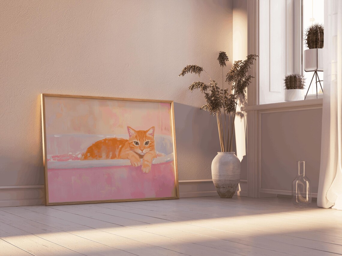 Orange Ginger Cat Bathroom Bathtub Art Print - Image 3