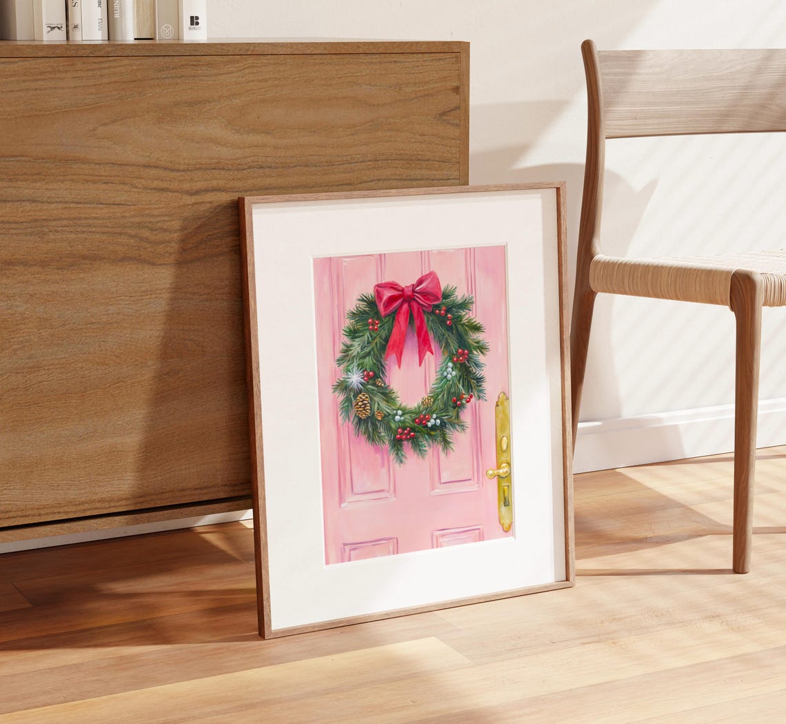 Christmas Wreath Pink Door Feminine Christmas Print Pink Christmas Decor Christmas Wreath Print Christmas Wall Art Farmhouse Christmas - Image 2