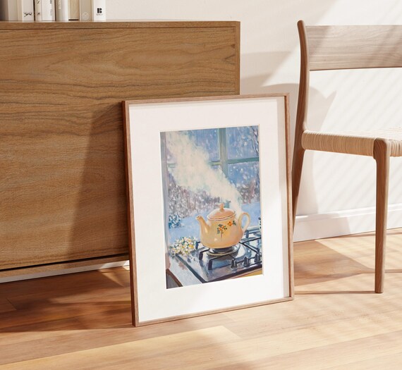 Steaming Floral Kettle on Stove by Snowy Winter Window Poster