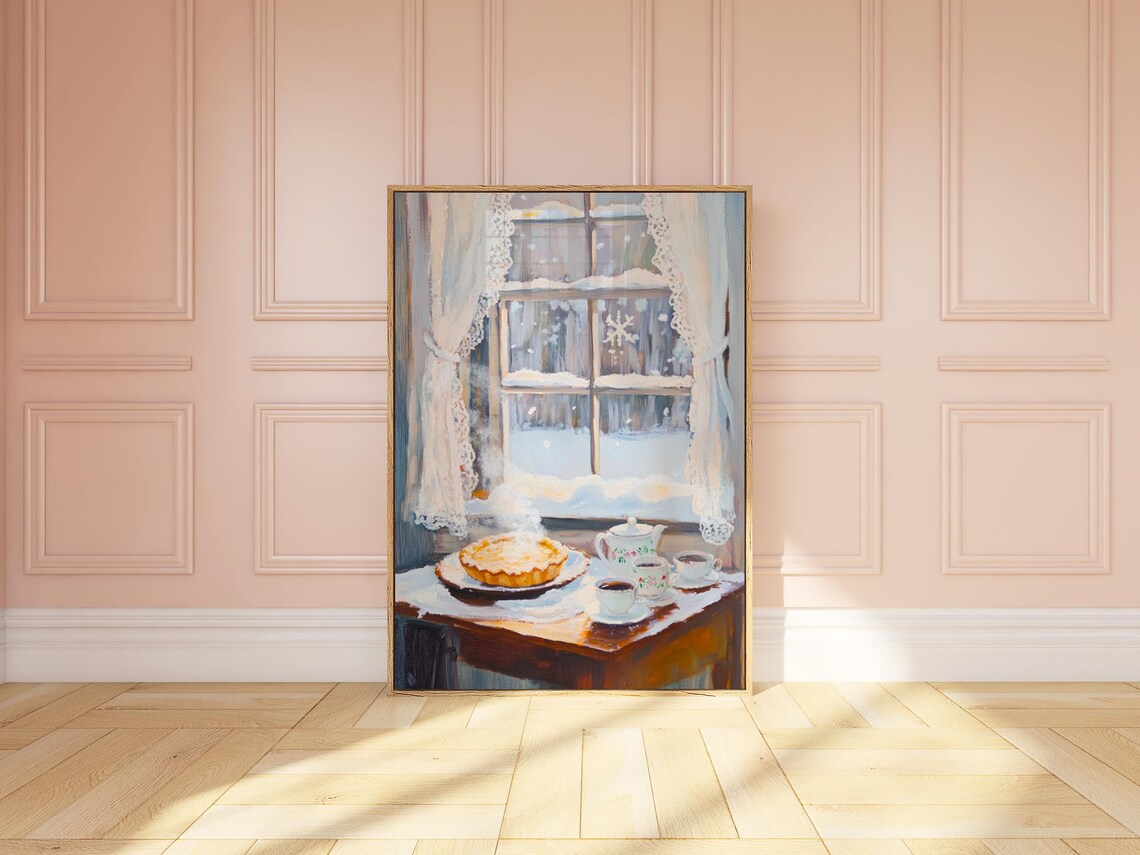 Cozy Winter Tea Party Snowy Window Pie and Teapot Watercolor Art Print - Image 3