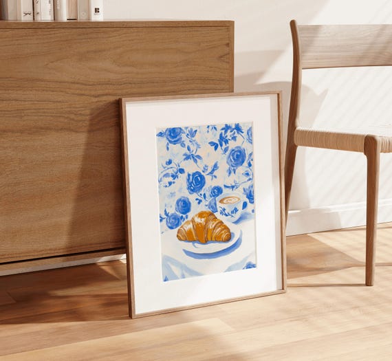 Croissant And Coffee Chinoiserie Art Neutral Kitchen Breakfast Poster Dopamine Wall Art Breakfast Wall Art Soft Girl Aesthetic