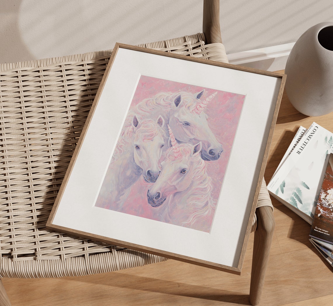 Three White Unicorns Pastel Portrait Dreamy Fantasy Art Print